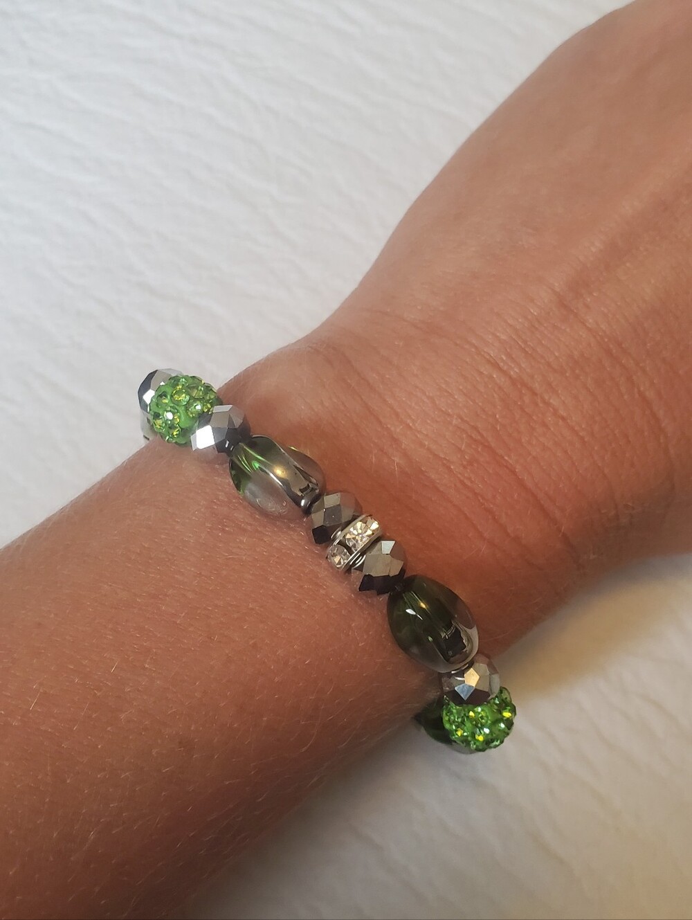 Green & Gunmetal Beaded Stretch Bracelet